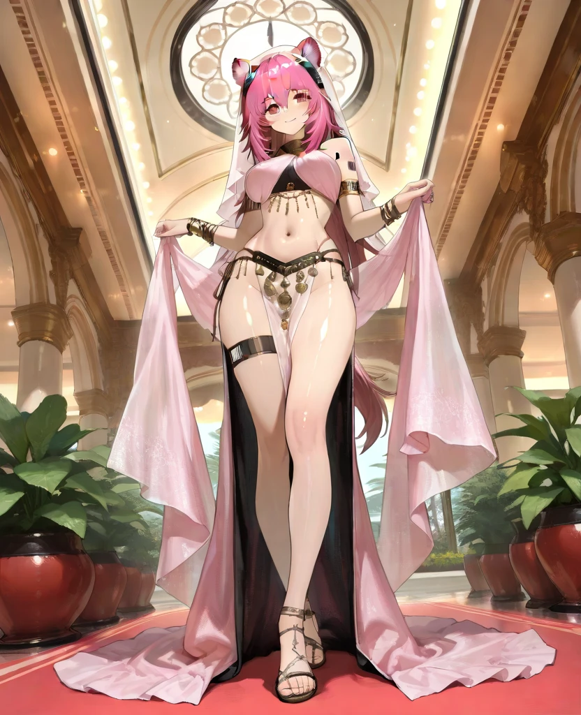 4k.hight resolution,One Woman,Pink hair,Short ponytail,huge tit,Arabian princess,Pink Arabian Dancer Dress,Navel Ejection,Gold Bracelet Red,Gemstone Earrings,jeweled costume,The Queen's Tiara,Inside the palace