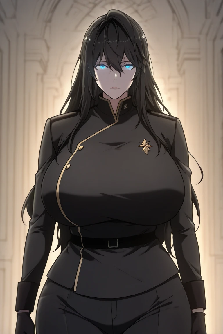 A black haired woman with brown eyes and an hourglass figure is practicing with her sword
