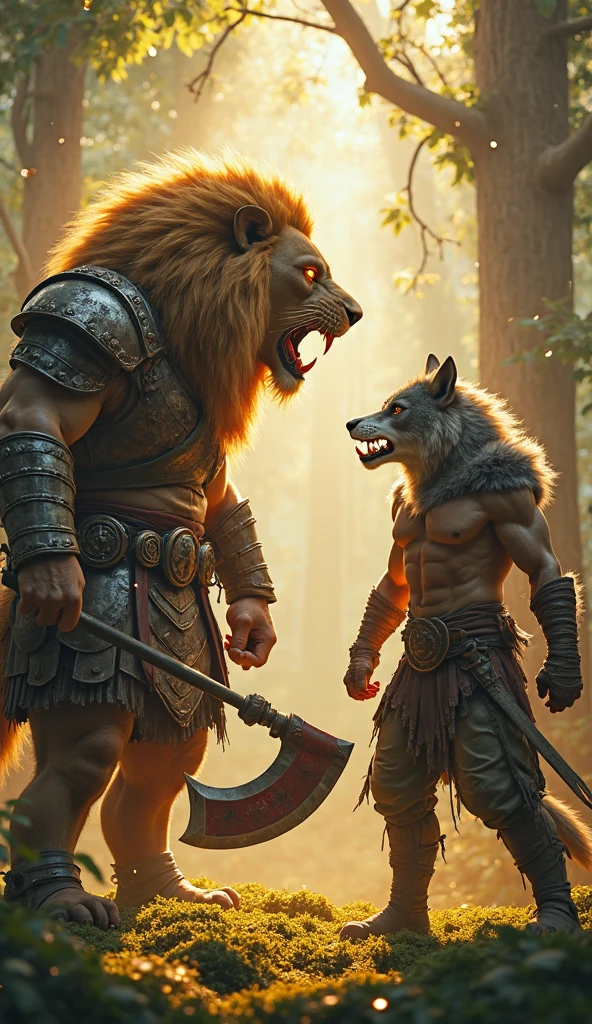 An army of humanoid animal warriors led by a humanoid warrior lion wearing a belt with the letters Pww in a zombie war scenario.