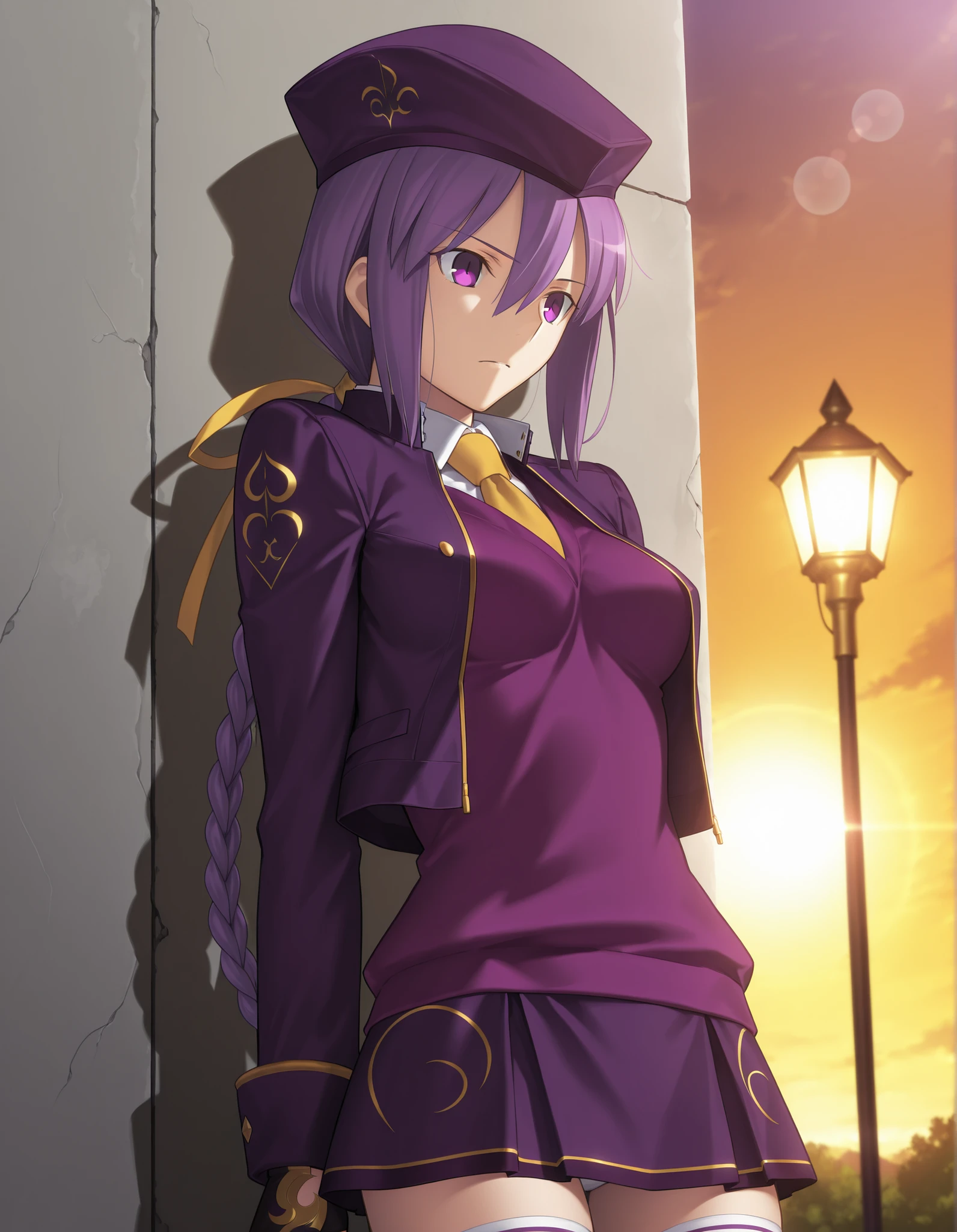 masterpiece, , absurdres, highres, detailed background, high resolution, masterpiece, necessary, detail, best quality, quality, necessary, details, High details, Precise, dark, outdoors, dappled sunlight, (evening, lamp), lens flare, blurry background, ,
1girl, Takeuchi Takashi (type-moon,tsukihime) style, takeuchi takashi style,, (aged up) ,
tall girl, slender body, slim arms, slim body, (Sion) Eltnum (Atlasia) ,sion eltnam atlasia, fate, purple hair , purple eyes, tsurime, hair between eyes ,long bang, long hair , braided hair , braided ponytail , yellow ribbon , EltnumOutfit ,small breasts, undress light purple sweater , sweater vest , collared undershirt , white undershirt , undershirt , yellow necktie , dark purple cropped jacket , dark purple skirt , miniskirt , gold trim , white thighhighs , single glove , fingerless glove , black glove , dark purple beret , jacket ,upskirt ,,