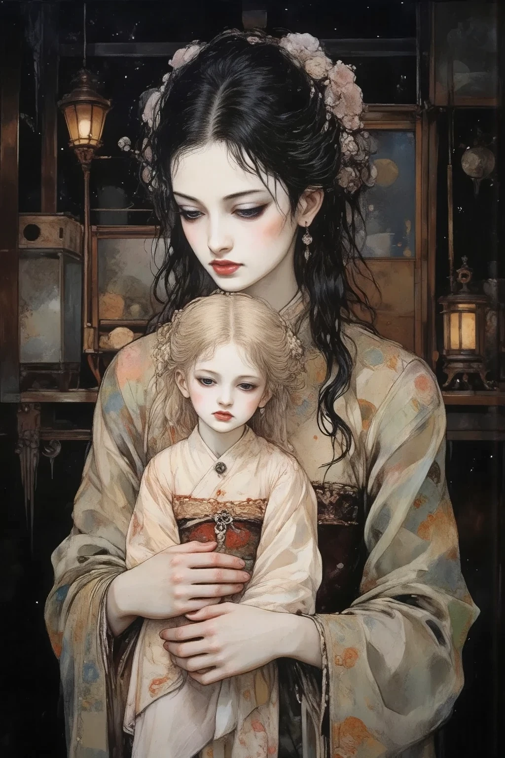 A beautiful and lonely girl in a kimono、I'm holding a bisque doll in my hand、Dark Fantasy、portrait、high definition、Super Fine、Expert effects、real、realistic、professional、Vivid Color、bokeh effect similar to、dark tone、Atmospheric feeling 、melancholy vibe、surreal、oil paint