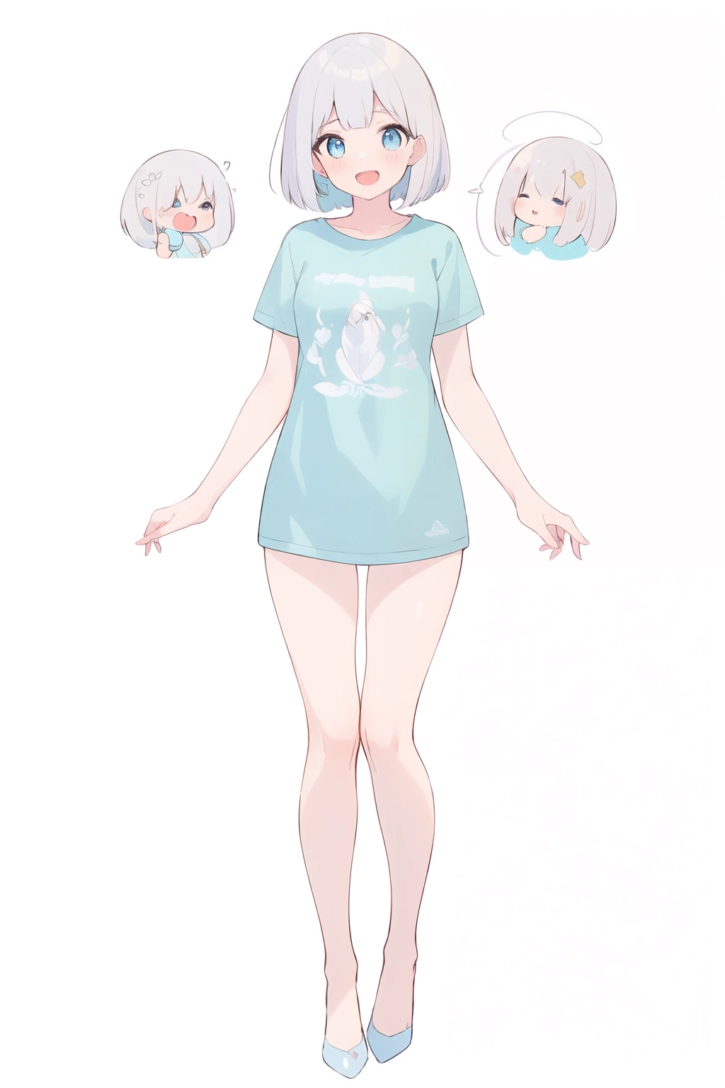 full body,1girl, solo,Bob Cut,beautiful silver hair,laugh,beautiful light blue eyes,t-shirt