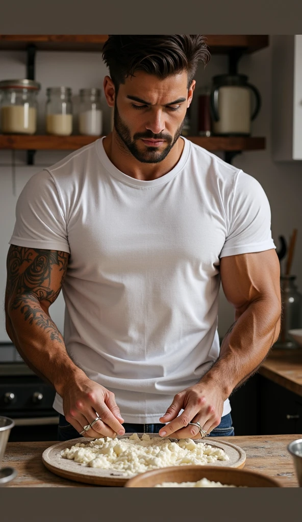 Real image of muscular and hairy man, short black hair, short beard, no shirt, wearing a white boxer, preparing dinner in a kitchen . it is night time.