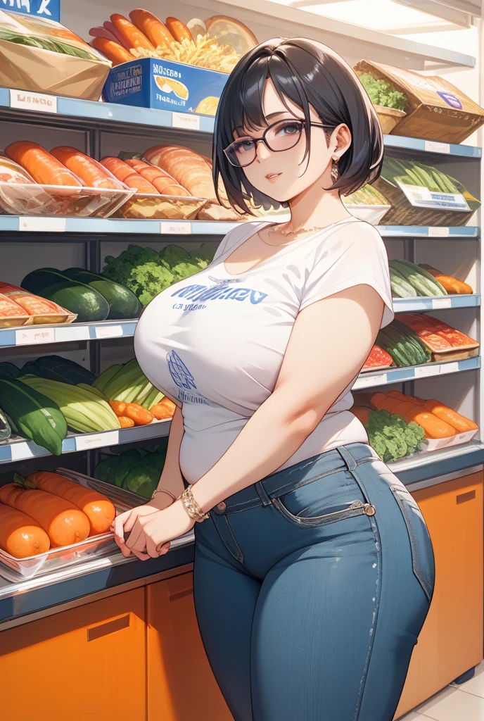 sexy woman, mature, milf, huge breasts, large breasts, curvy, voluptuous, completely nude, nude, pussy, nipples, black hair, blue eyes, tomboy pixie cut hairstyle, slick back, sweating, shiny skin, smile, standing, solo focus, convenience store, indoors