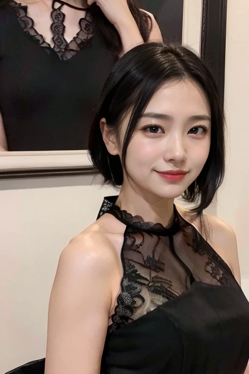 standing, smile, happy, joyful, (looking at viewer), cute face, diamond face shape, (((Masterpiece))), living room, (((Best Quality: 1.4))), ((Super Detail: 1.4)), gorgeous exotic features, amber neon eyes:1.5, long black hair, hyper detailed face features, expressivo face, detailed textures, blue skintone, natural skin shader, volumetrics, warm undertones under her skin, ultra High resolution, pair skin, korean, black hair, cute face, (full show perfect body), huge rounded breasts, black and white maid dress, 8k, anatomically correct, (dynamic lighting)