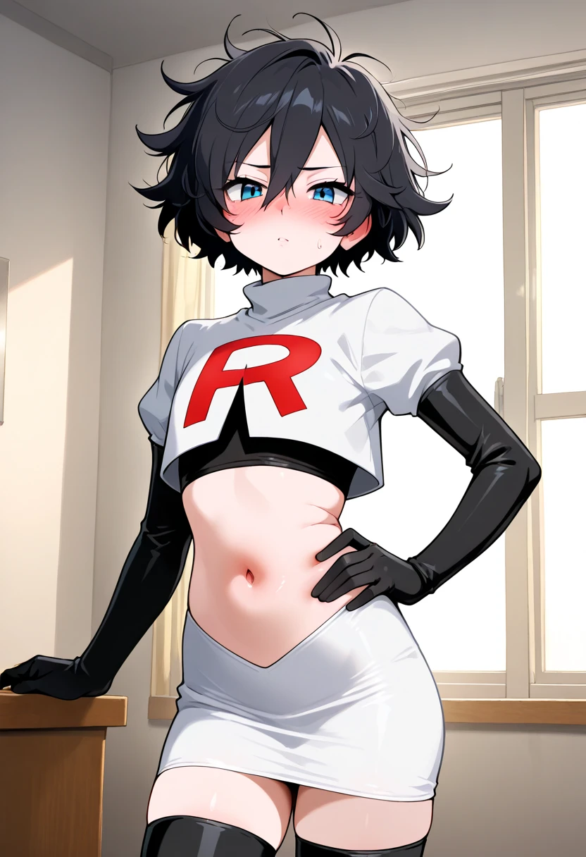 absurdres,masterpiece, trap, best quality, highres, high quality, 1boy, solo, male focus, hair, crossdressing,1boy,team rocket,team rocket uniform,white skirt,red letter R,crop top,black thigh-highs,black elbow gloves, evil laugh, blush