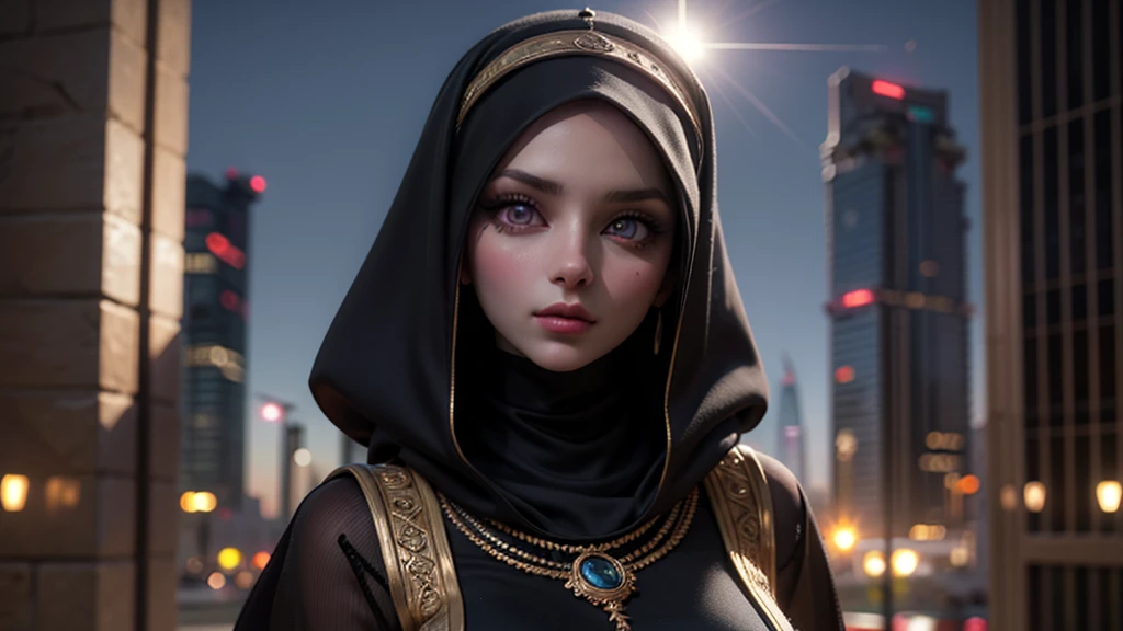 photorealistic, high resolution, 1 beautiful muslim woman, solo, look at viewer, (detailed face), white hair, hijab, doctor outfit, name tag, highly detailed,
