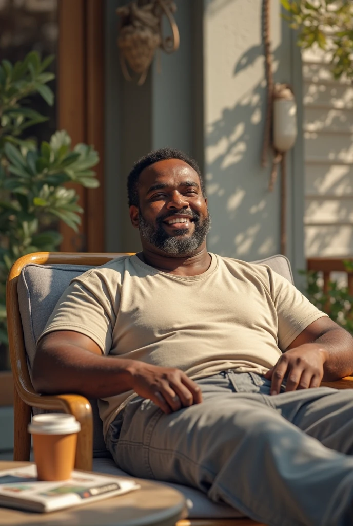 black african man smiling looking at his phone, green light emitting from phone, a middle-aged man with short hair and a beard, wearing a casual shirt, the green light casting a soft glow on his face, cozy living room with warm lighting and family photos on the walls, evening ambiance with a sense of comfort and relaxation