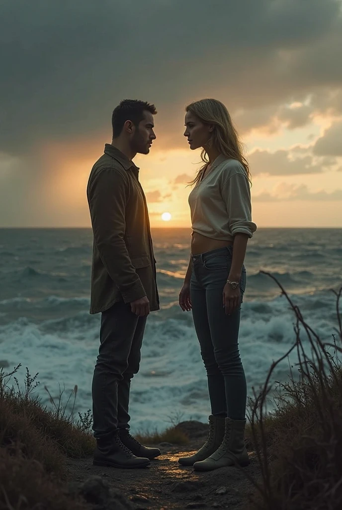 there is a man and woman standing next to each other, the girl has brown long hair and is wearing a white top with white jeans the boy is wearing a black scarf blue tshirt and black jeans, the boy is holding the girl's hips and the girl is holding the boy's shoulder