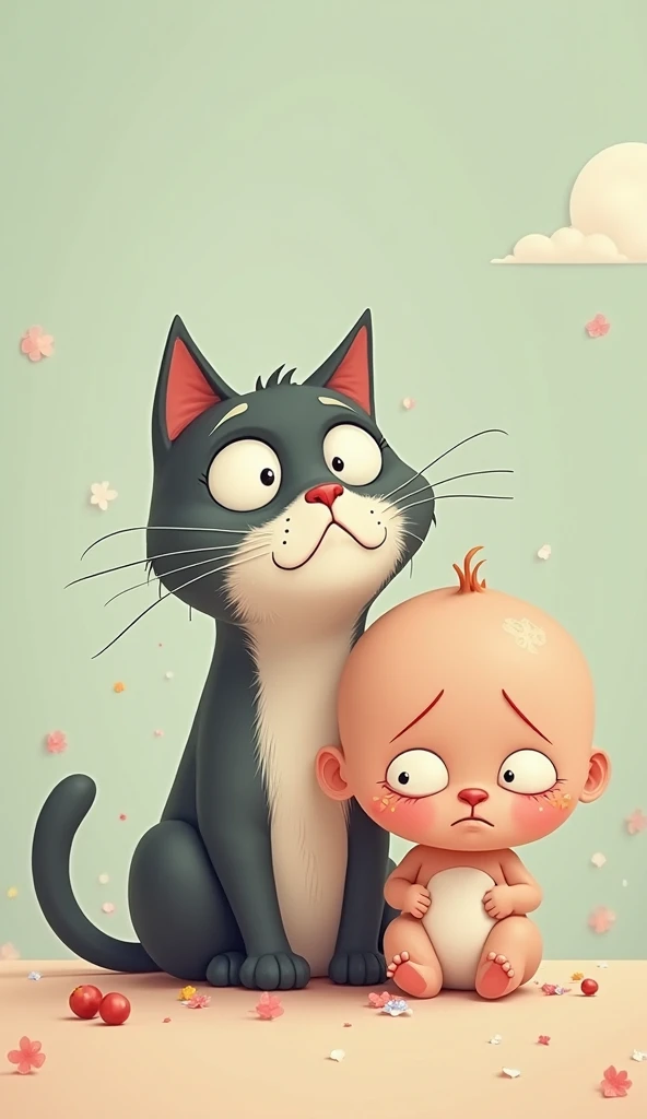 A furry teenager cat with a kid sitting on the top of his tongue
