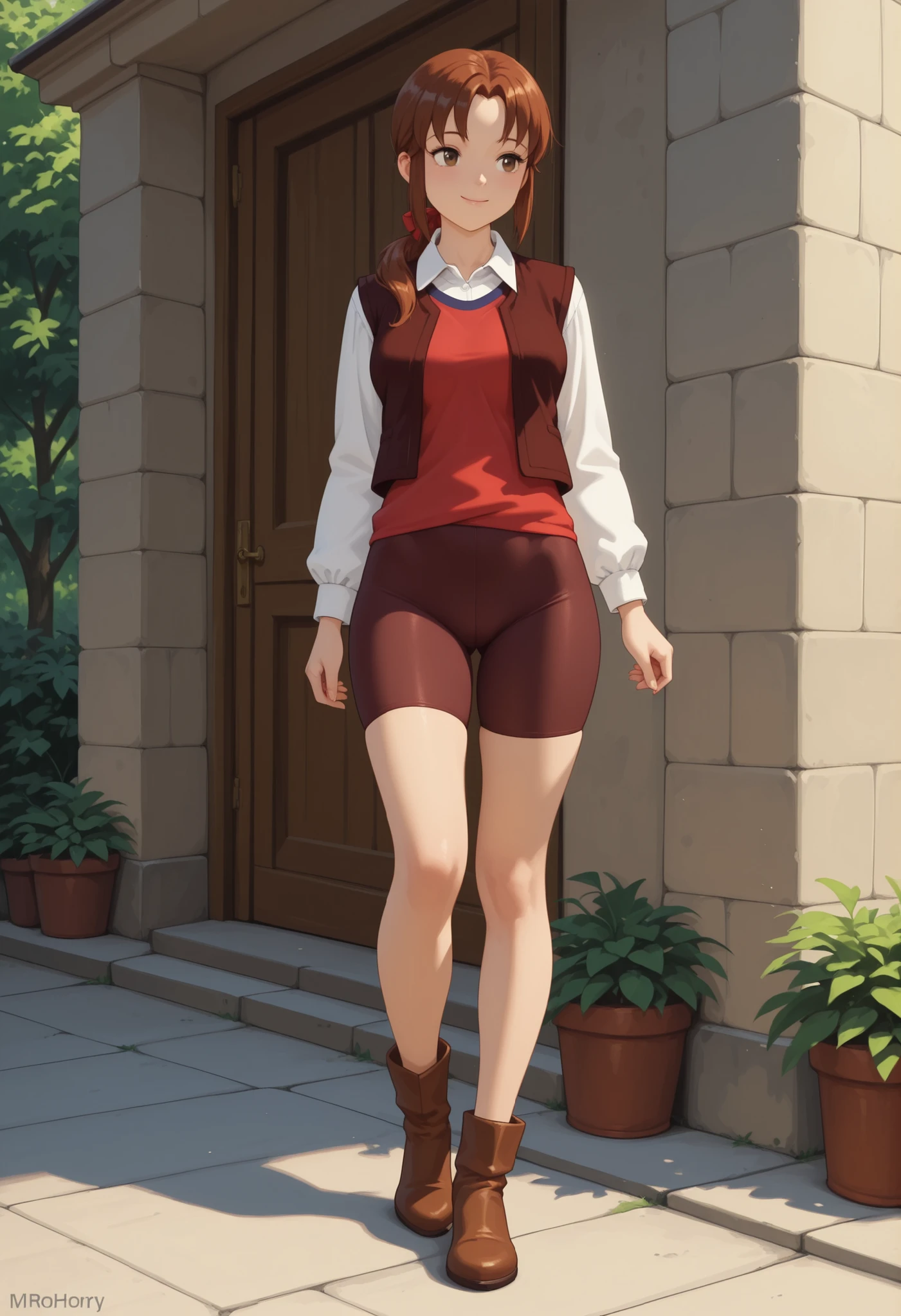 masterpiece,best quality,amazing quality, source_anime,
mr_horry, 1girl, solo, brown eyes, brown hair, long hair, low ponytail, hair bow, red bow, shirt, white shirt, collared shirt, long sleeves, red shirt, sleeveless, vest, brown vest, open vest, , bike shorts brown pants, ankle boots, brown footwear, smile, adult female figure , realistic
outdoor, standing , tall woman