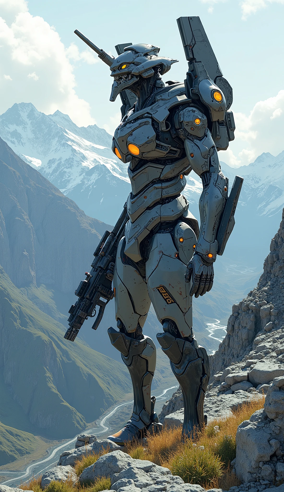 Aerial photo、7-EVA 01 gloss surface finish、 slimフィット、huge、Hunchback、masterpiece、Hold a large sniper rifle in mountainous areas、 Highest Quality 、Highest Quality 、 Best Picture Quality 、 Thematic depth 、 slim