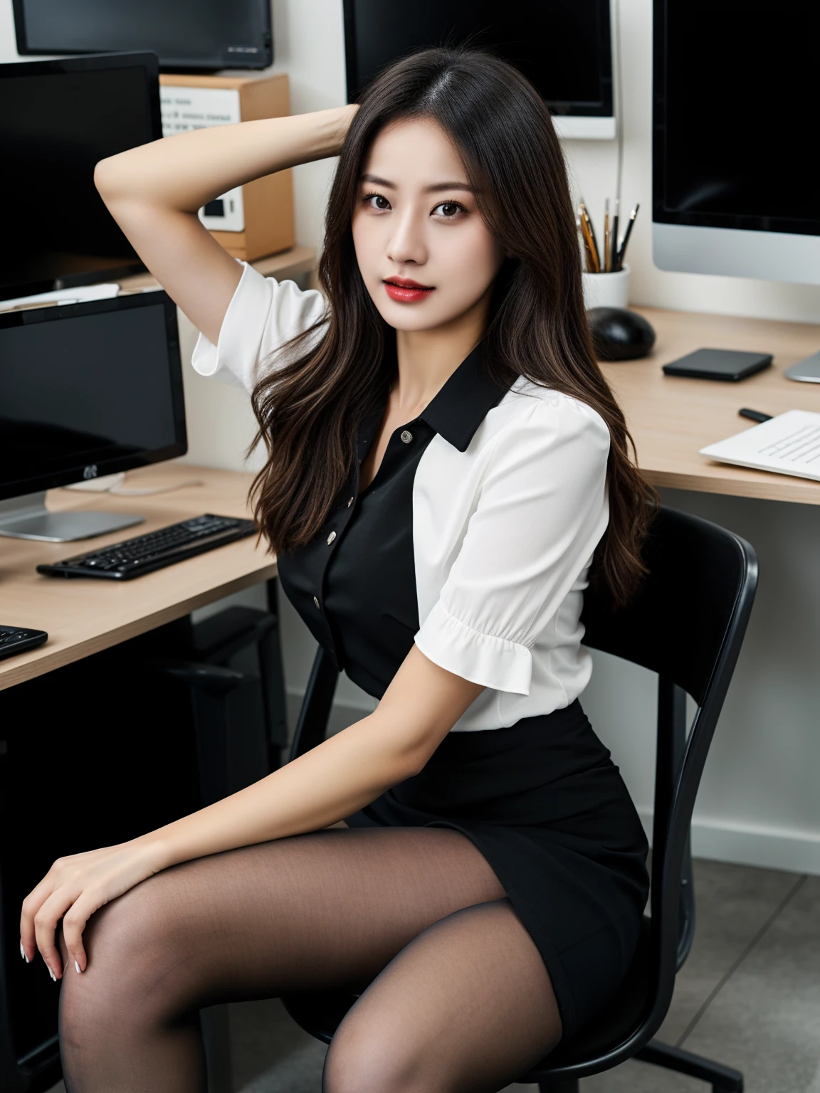 1 girl sitting on an office chair，,(European model:1.3),31 years old,Exquisite,Business women&#39;s clothing,(jacket:1.1),(shirt:1.1),(Wrap Dress:1.1),Jewelry,knitwear,stocking,black，Goosebumps,goose，（Honesty：1.3），Filigree，quality，（masterpiece：1.2），（Honesty：1.2），（Best quality），（Skin detailed：1.3），（Intricate details），drama，Ray Tracing，Light Solution，Bathed in shadows，Visual novel，Boss&#39;s office in a skyscraper，Windows with city views，Film Grain，Depth of Field，Mature，Wavy Hair，By Bangs