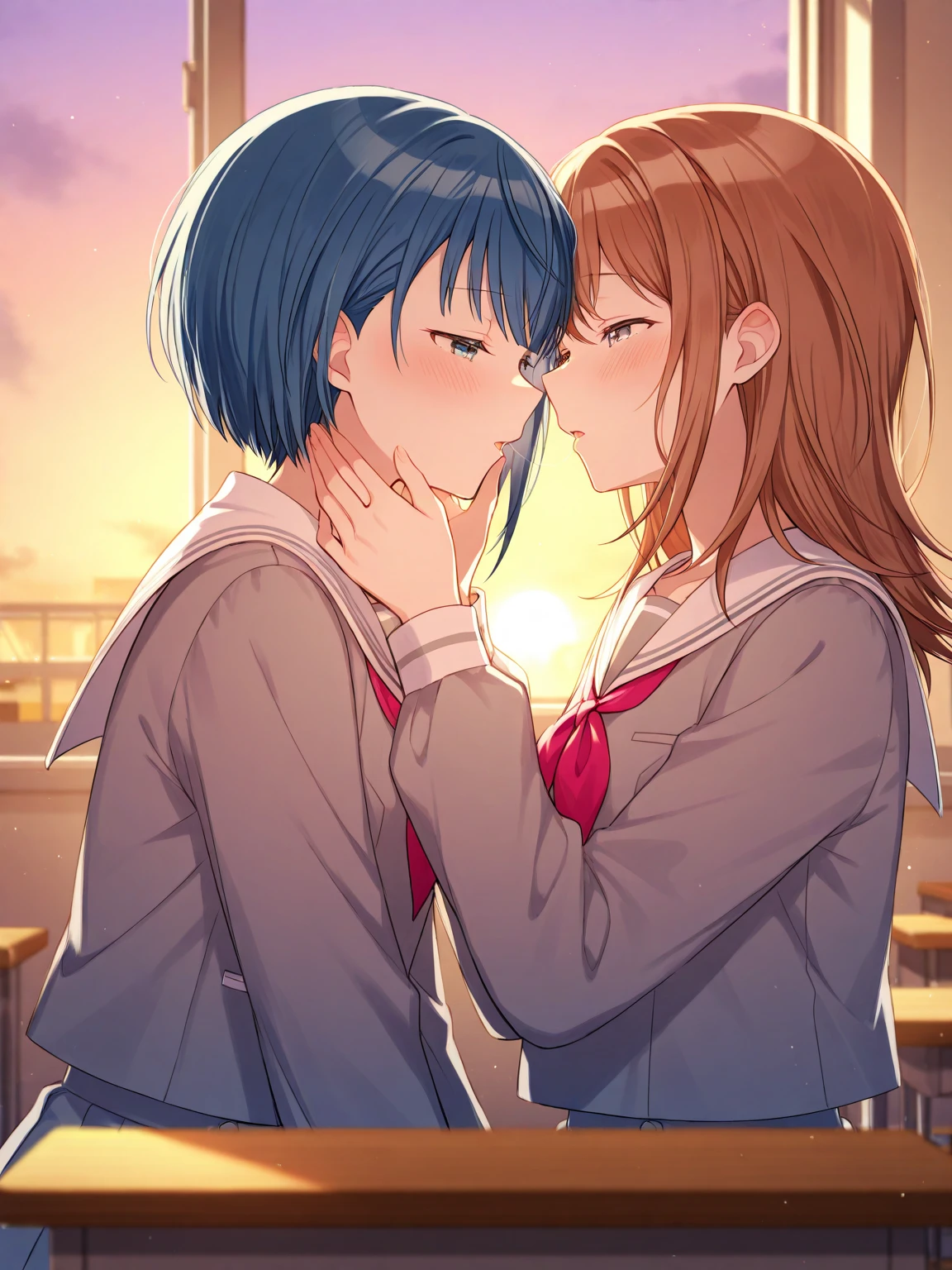 Anime characters kissing on benches in the park, kissing together cutely, kissing together, Kissing each other, two beautiful anime girls, lovely kiss, style of anime4 K, high detailed official artwork, Smooth anime CG art, Anime girls, portrait of two girls kissing, Official artwork, Kissing, Anime wallpaper 4K, Anime wallpaper 4 k, Anime style. 8K