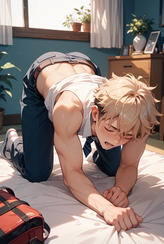 Anime boy Bakugo very sweaty white socks laying down on his stomach on the bed showing his feet soles close to the camera