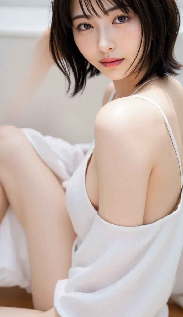 Dark brown hair、Light brown eyes、Japanese actress、 Lady、I am about 40 years old....、(Intricate details:1.2)、(Which is the top????:1.4)、 (Ultra-high resolution:1.2)、Ultra-high resolution、(Finely tuned)、(Detailed facial features)、Hmph、8K resolution、D cup size breasts、Long Hair、Updostyle, Updo、Hair Bun、1 Girl, Deep sorrowの表情, (Very detailed美しい顔), (camisole:1.5), (Bare shoulders:1.3), (Highest quality:1.4), (Very detailed)、Beautiful fair skin with transparency, Are sleeping、Sleeping on the floor、Top View、 Spread your legs wide, Please open your mouth a little、Her legs are visible through the dress、Deep sorrow、Pose of Weakness、Obscene pose、White floor、White wall、The morning sun shines in、Sleep on your side。