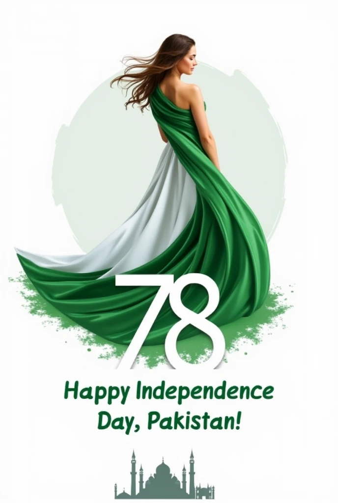 Creat an ultra-realistic image of a young Pakistani girl in a black hijab, seated on an chair. She has vibrant, feathered wings in green and white resembling the Pakistani flag. Above, in 3D cursive,'Happy Independence Day "ANGELINA" written bold gold letters the background is white.