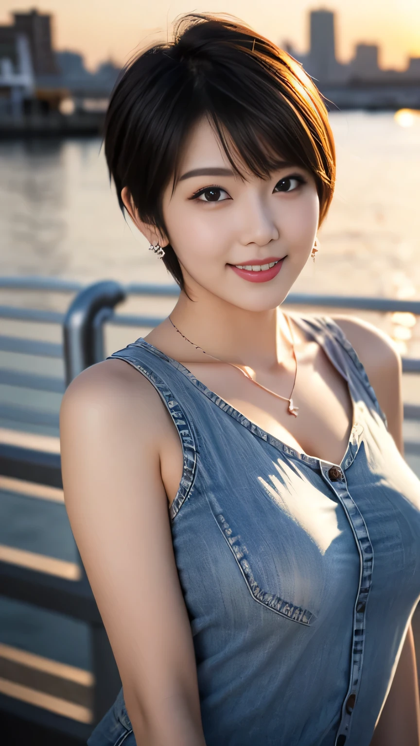upper body photo anatomically correct 5 fingers beautiful Korean woman in front of the machine (((pixie cut))) earrings thin necklace Big Breasts Sensual Sensual Bodies Tshirt Jeans At the harbor pier with a beautiful sunset and look at the camera cute charming smile