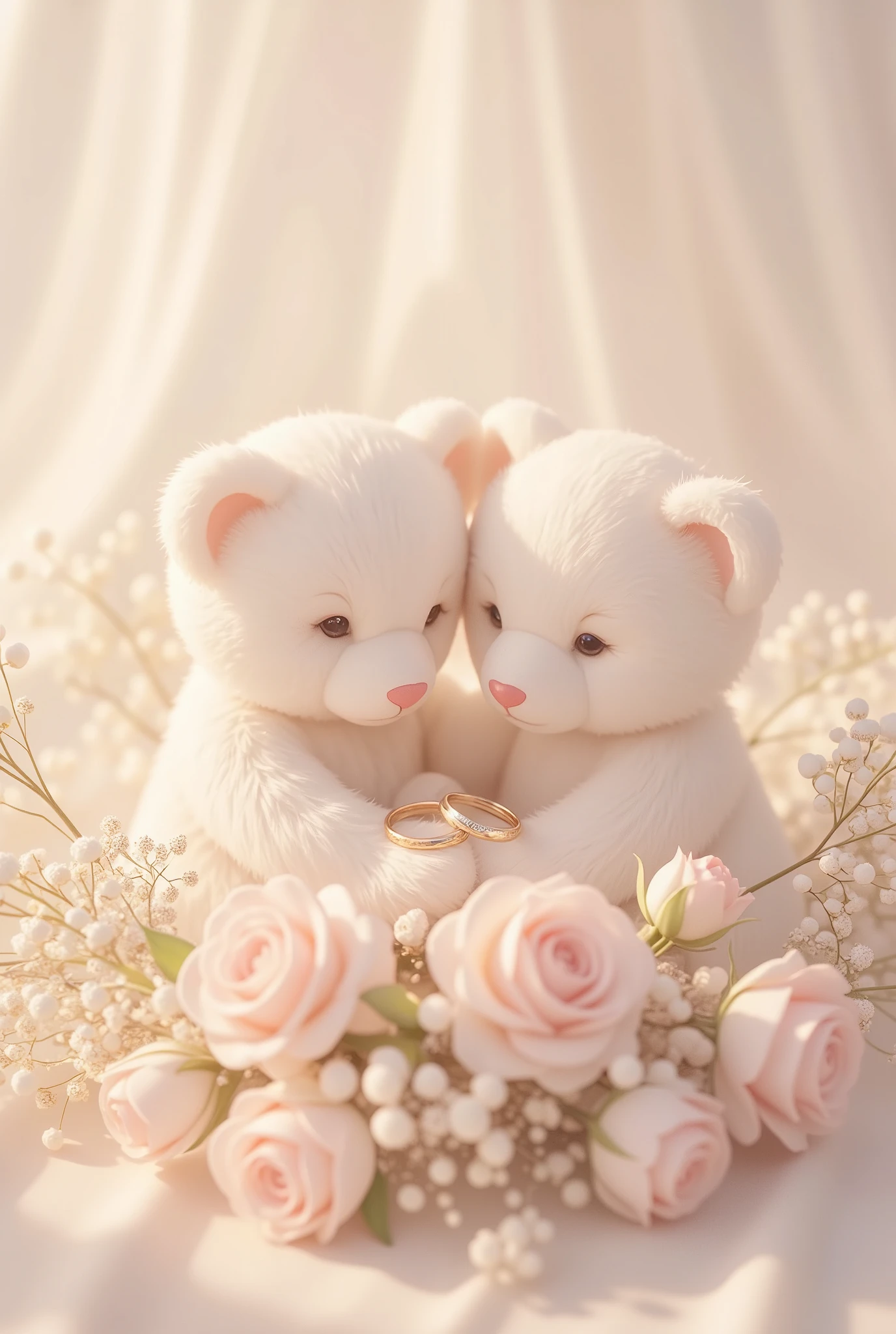 book cover design ,Wedding ring, Wedding flowers, two teddy bears,comfortable white tones