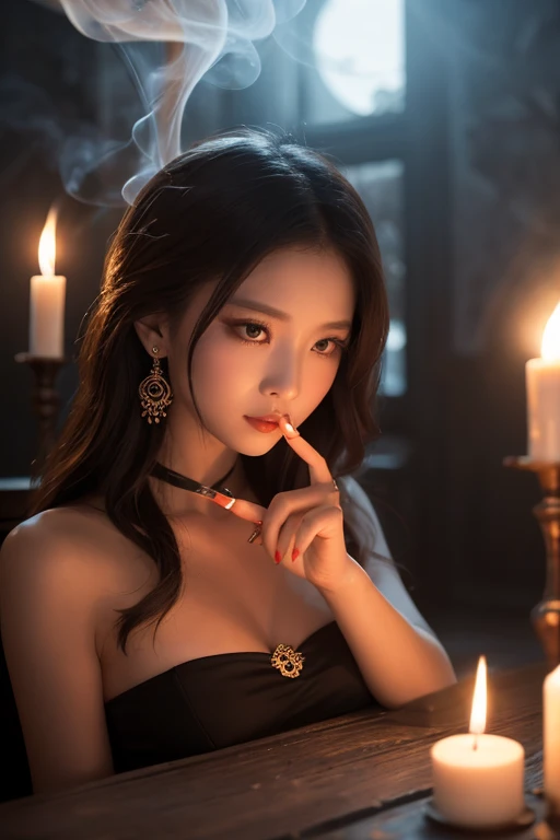 A vampire woman. Wearing black and red lingerie while in the background she was in a black room with candles while holding. hot body, body with breasts