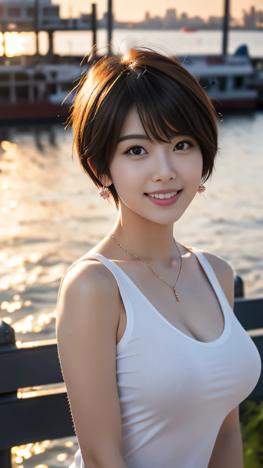 alone, full body, eyelash, pantyhose,, (beach,(Palm tree),a large crowd gathers,(white shirt), Floral,red lips),セクシーな刺激的なsmile,, (shiny skin:1.05),(blush:0.9),(skin dents:1.15),realistic, table top, highest quality, High resolution,absurd, (perfect face:1.1),slender body、small breasts、 (sharp focus:1.1),, Trends on ArtStation, Trending on CGsociety, Complex, high detail, sharp focus, dramatic,smile、stand up straight、upper body photo、short hair style