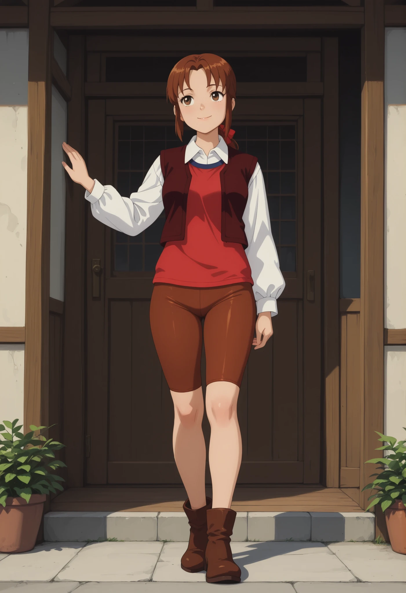 masterpiece,best quality,amazing quality, source_anime,
mr_horry, 1girl, solo, brown eyes, brown hair, long hair, low ponytail, hair bow, red bow, shirt, white shirt, collared shirt, long sleeves, red shirt, sleeveless, vest, brown vest, open vest, , bike shorts brown pants, ankle boots, brown footwear, smile, adult female figure , realistic
outdoor, standing , tall woman