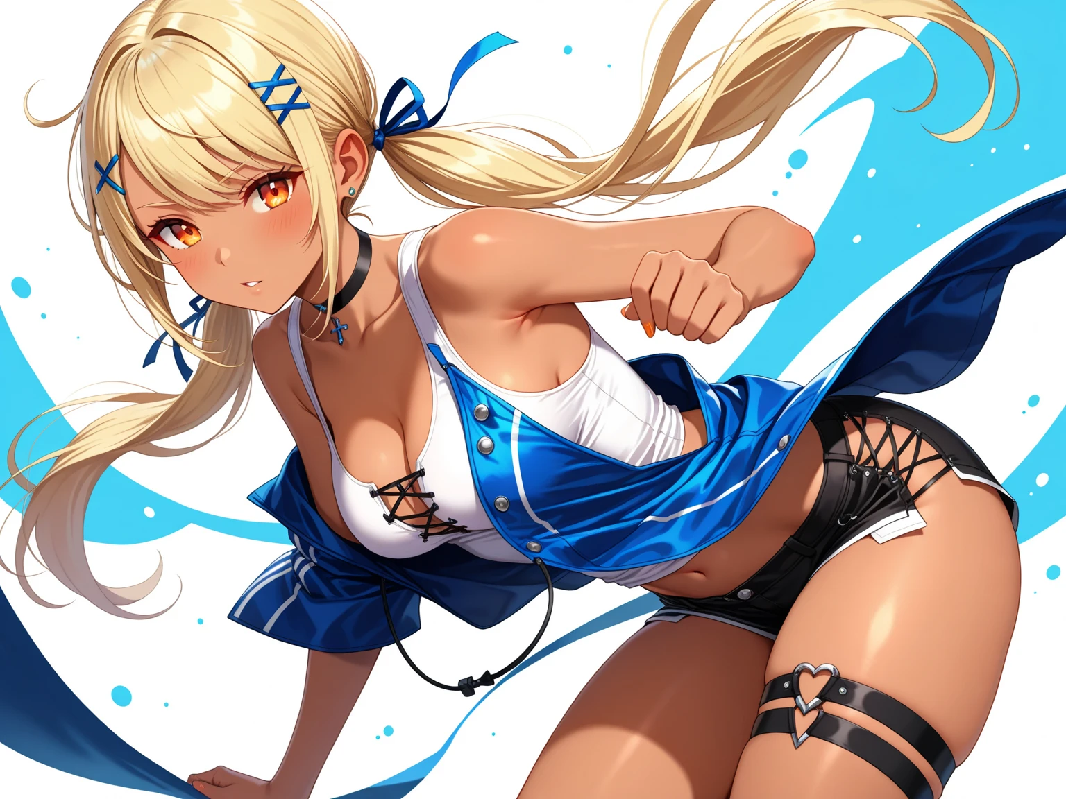 (papel de parede CG Unit 8K extremamente detalhado),(obra de arte), (melhor qualidade), (ultra-detalhado), (Melhor ilustração),(melhor sombra), (delineador afiado, sombra, olhos detalhados:1.1),, 1boy, alternate costume, androgynous, bare shoulders, blonde hair, blue eyes, blush, closed mouth, cowboy shot, crossdressing, detached sleeves, femboy, feminine male, frown, garter belt, garter straps, girly, groin, looking down, male, male focus, male only, navel, otoko no ko, panties, plump, pulled by self, ribbed sweater, shiny skin, side-tie panties, simple background, skindentation, sleeveless, solo, solo femboy, solo male, spoken,
 squiggle, squiggle, steaming body, stomach, sweat, sweater, teenager, thick thighs, thighhighs, thighs, thong, trap, turtleneck, turtleneck sweater, underwear v-shaped eyebrows, virgin destroyer sweater, visible penis, white background, white sweater, white thighhighs, wide hips
