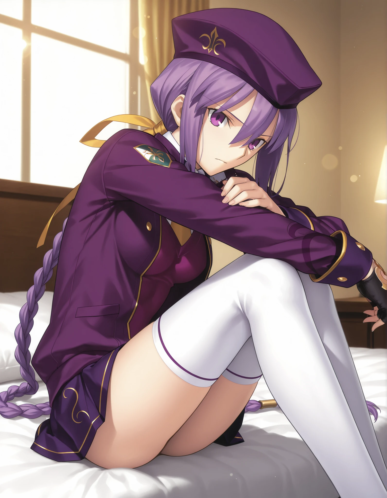 masterpiece, , absurdres, highres, detailed background, high resolution, masterpiece, necessary, detail, best quality, quality, necessary, details, High details, Precise, dark, indoors, (blue hour), lens flare, blurry background, ,
1girl, Takeuchi Takashi (type-moon,tsukihime) style, takeuchi takashi style,, (aged up) ,knees to chest,
girl, (slender body, slim arms, slim bod), (Sion) Eltnum (Atlasia) ,sion eltnam atlasia,(fate), purple hair , purple eyes, tsurime, hair between eyes ,long bang, long hair , braided hair , braided ponytail , yellow ribbon , EltnumOutfit ,small breasts, light purple sweater , sweater vest , collared undershirt , white undershirt , undershirt , yellow necktie , dark purple cropped jacket , dark purple skirt , miniskirt , gold trim , white thighhighs , single glove , fingerless glove , black glove , dark purple beret , jacket , ,,