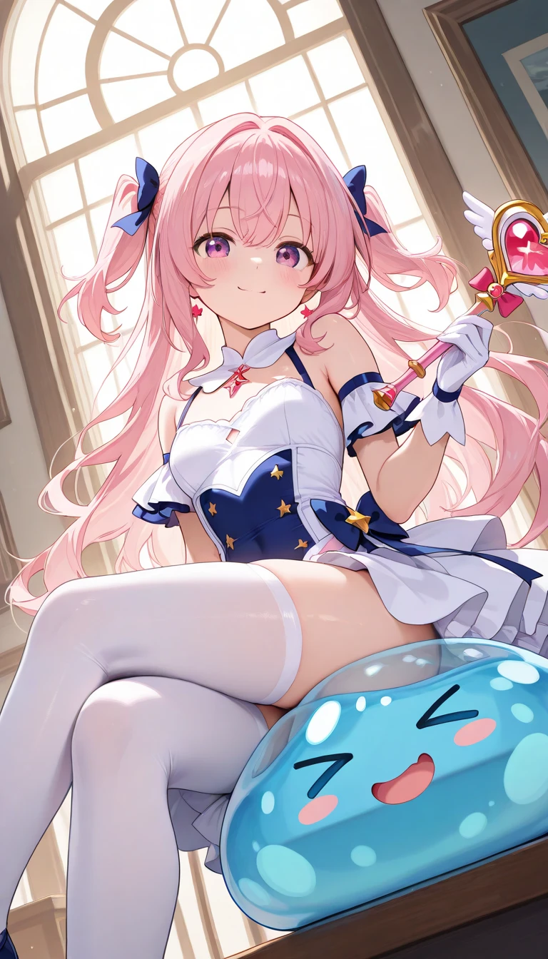 ((highest quality)), ((masterpiece)), (detailed), Perfect Face、5th grade elementary school、A gorgeous magical girl costume、Spread your legs、Smiling、Twin tails、Anus is visible、Making a heart with hands、Flat Chest