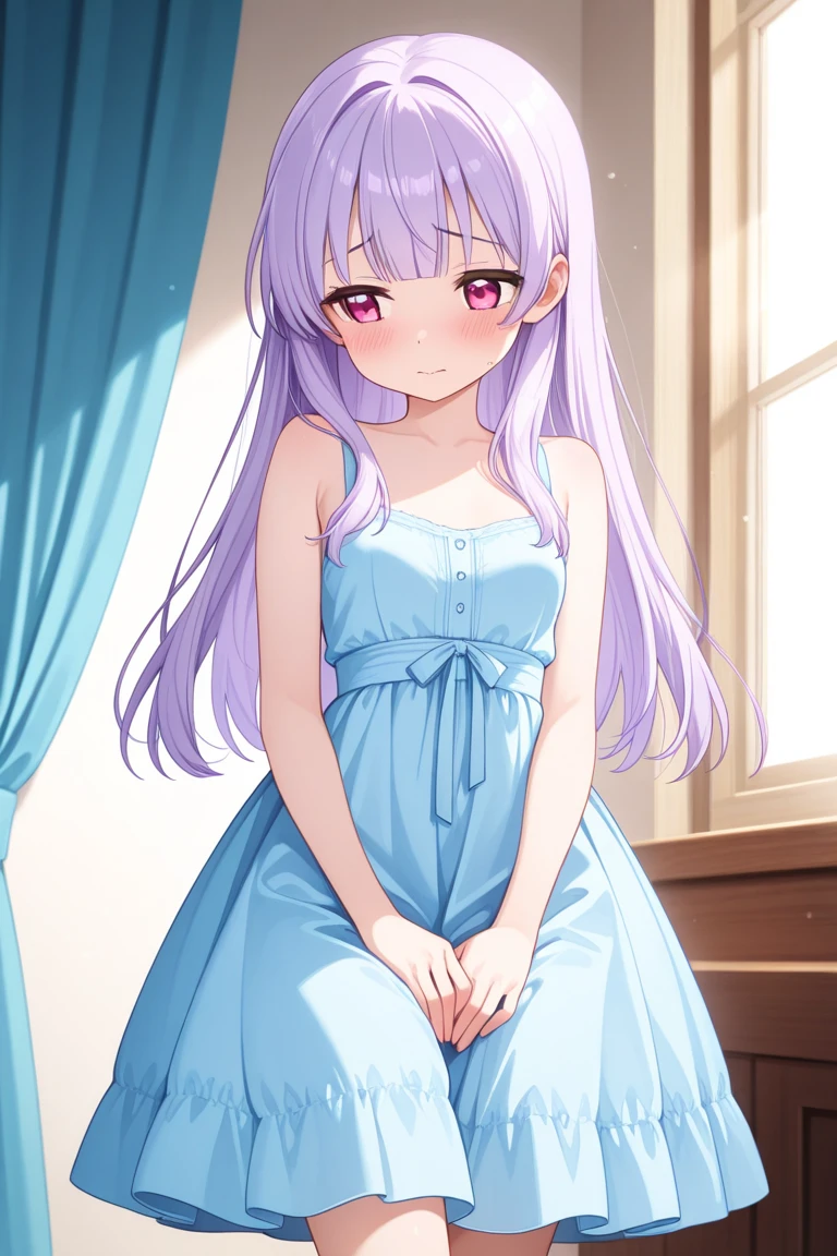 Cabello largo plateado, ojos verdes, headband, necklace, flat breast, summer clothes, purple clothes, sonrisa, happy, muslos hermosos, inside house