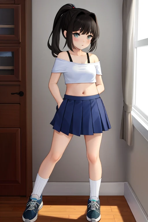 beautiful young girl, wearing a skirt,belly button,living room, raytraced, 3D, 1 girl, solo, pretty, stunning, beautiful, focus
