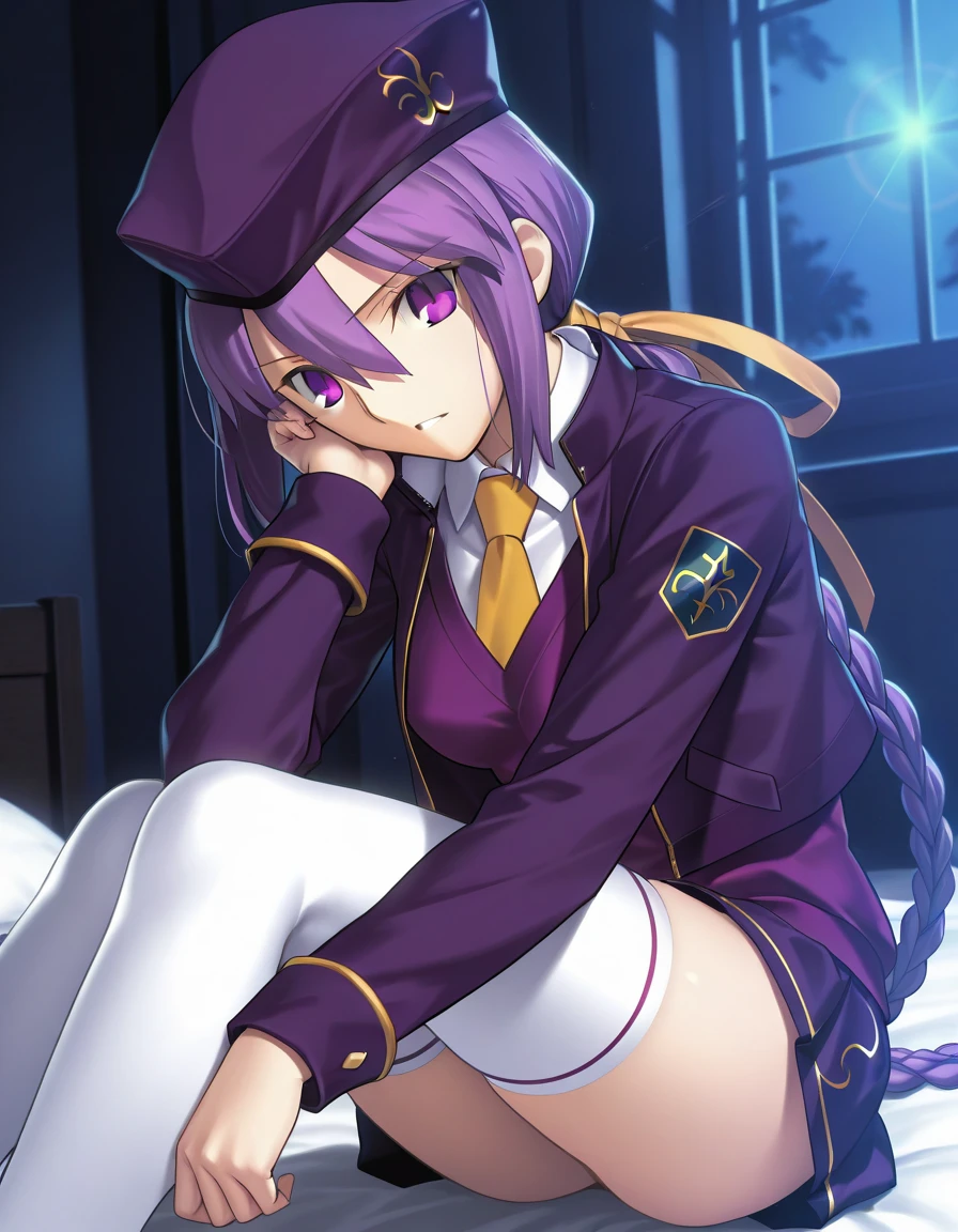 Shinoa,1girl, solo, purple_hair,hair_between_eyes,looking_at_viewer,sidelocks,sitting,expressionless,leg up,shirt,white shirt,(naked shirt:1.2),lowleg panties, open clothes,