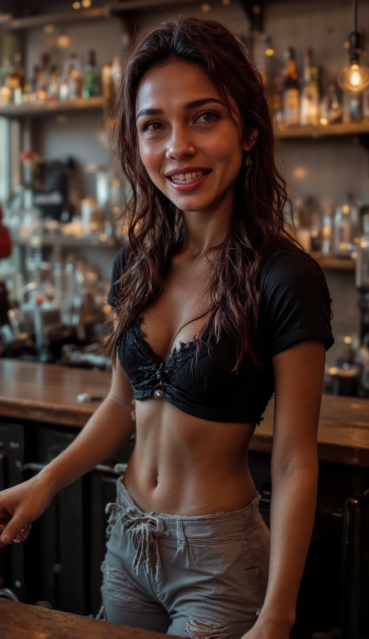 A woman, light-medium brown complexion, young and sexy adult, is positioned slightly to the left of center in a bar setting. She is wearing a tiny black short-sleeved top. She also wears light more ripped gray pants and a dark apron. She has straight, dark hair pulled back. Her expression is friendly. She has a slender build. She has a wide hips and a bigger butt. The woman is at a bar, working, possibly making drinks or coffee. The background shows stainless steel bar equipment, glass and liquor bottles behind her. The lighting is bright and neutral, typical of an indoor commercial setting. The perspective is at a slightly angled height, looking down. The composition is fairly centered, with the focus on the woman's mid-section and upper body. The overall atmosphere is professional and brisk. The image conveys a woman position.