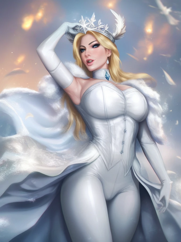 beautiful, (masterpiece:1.2), (best quality:1.2), perfect lighting, center of frame, full body, 1girl, EmmaFrost, mature woman, shirt dress, fur cloak, cleavage, arms down, wide hips, thigh highs, giant gold chain necklace, blue eyes, walking, seductive smile, strut, foreshortening, depth, back light, runway, simple background,