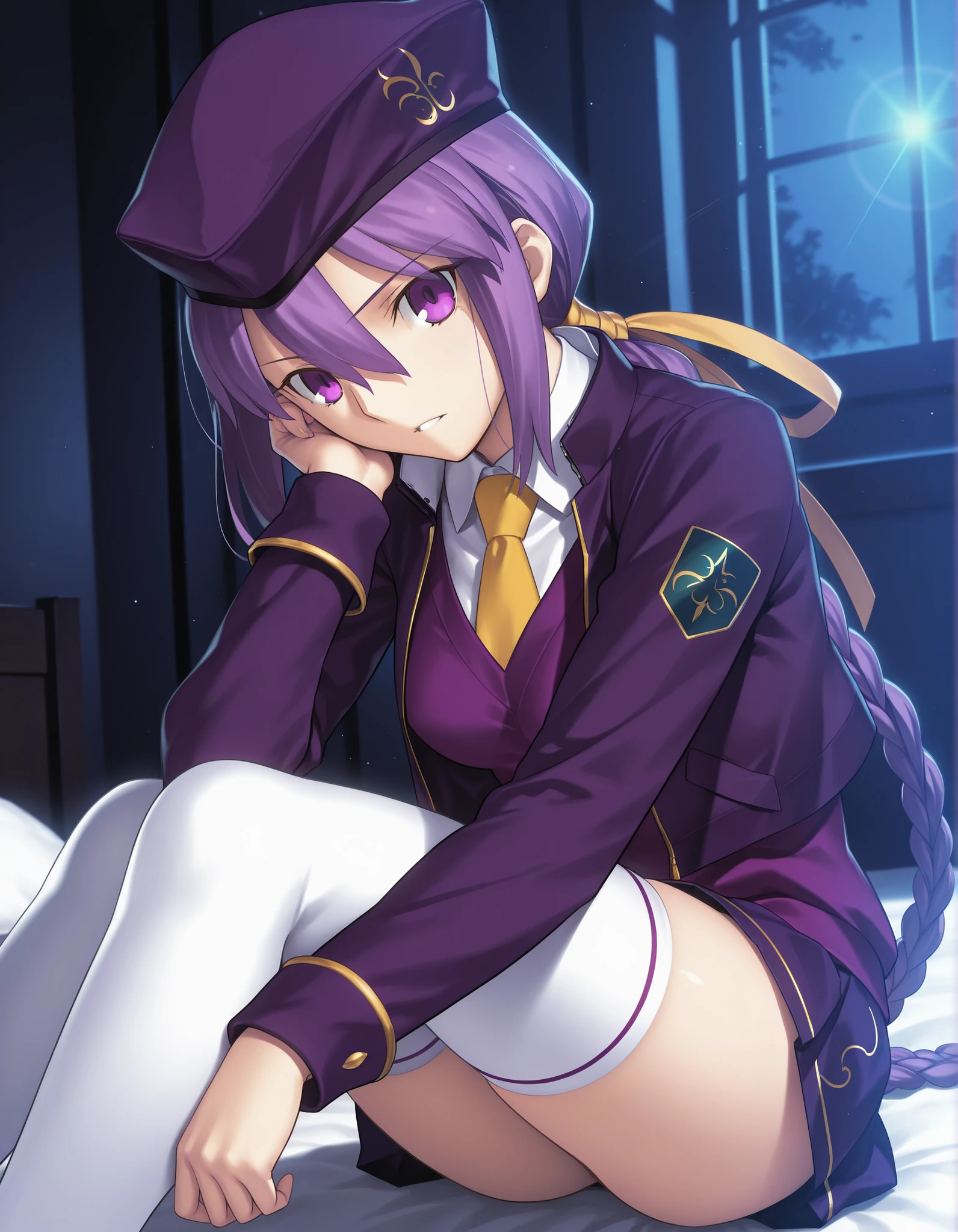 masterpiece, , absurdres, highres, detailed background, high resolution, masterpiece, necessary, detail, best quality, quality, necessary, details, High details, Precise, dark, indoors, (midnight ,blue hour), lens flare, blurry background, ,
1girl, Takeuchi Takashi (type-moon,tsukihime) style, takeuchi takashi style,, (aged up) ,knees to chest,
girl, (slender body, slim arms, slim bod), (Sion) Eltnum (Atlasia) ,sion eltnam atlasia,(fate), purple hair , purple eyes, tsurime, hair between eyes ,long bang, long hair , braided hair , braided ponytail , yellow ribbon , EltnumOutfit ,small breasts, light purple sweater , sweater vest , collared undershirt , white undershirt , undershirt , yellow necktie , dark purple cropped jacket , dark purple skirt , miniskirt , gold trim , white thighhighs , single glove , fingerless glove , black glove , dark purple beret , jacket ,(head tilt), looking at viewer ,,