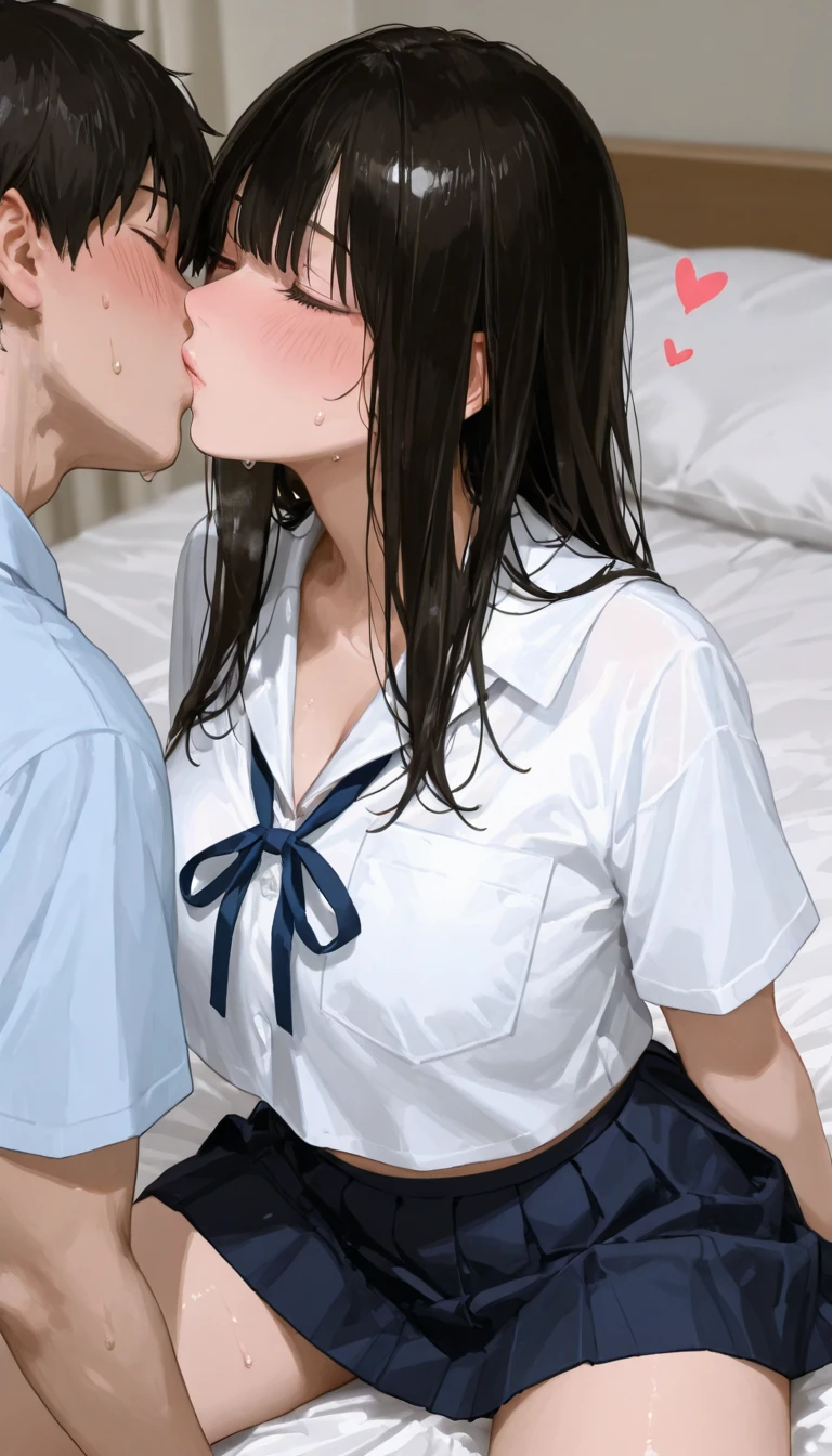 A healthy and curious little Japanese girl, little girl, Baby face as cute as a baby, He opens his big mouth and holds his penis in his mouth., A man's big hand is stroking a 's head