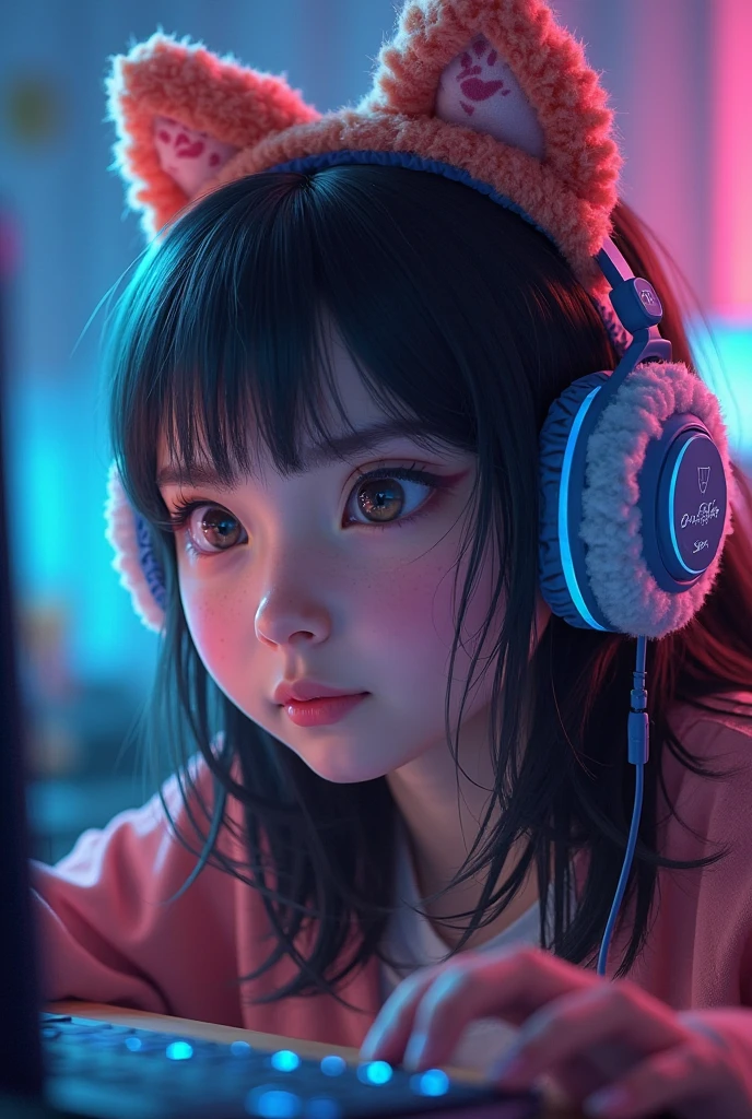 Small face, pretty 17 year old girl listening to music in a corner of a pink room, painting, detailed work, delicate, sense of depth, anime style, large room, cluttered, immersed, colorful, urban, city center, cutting edge, cat
