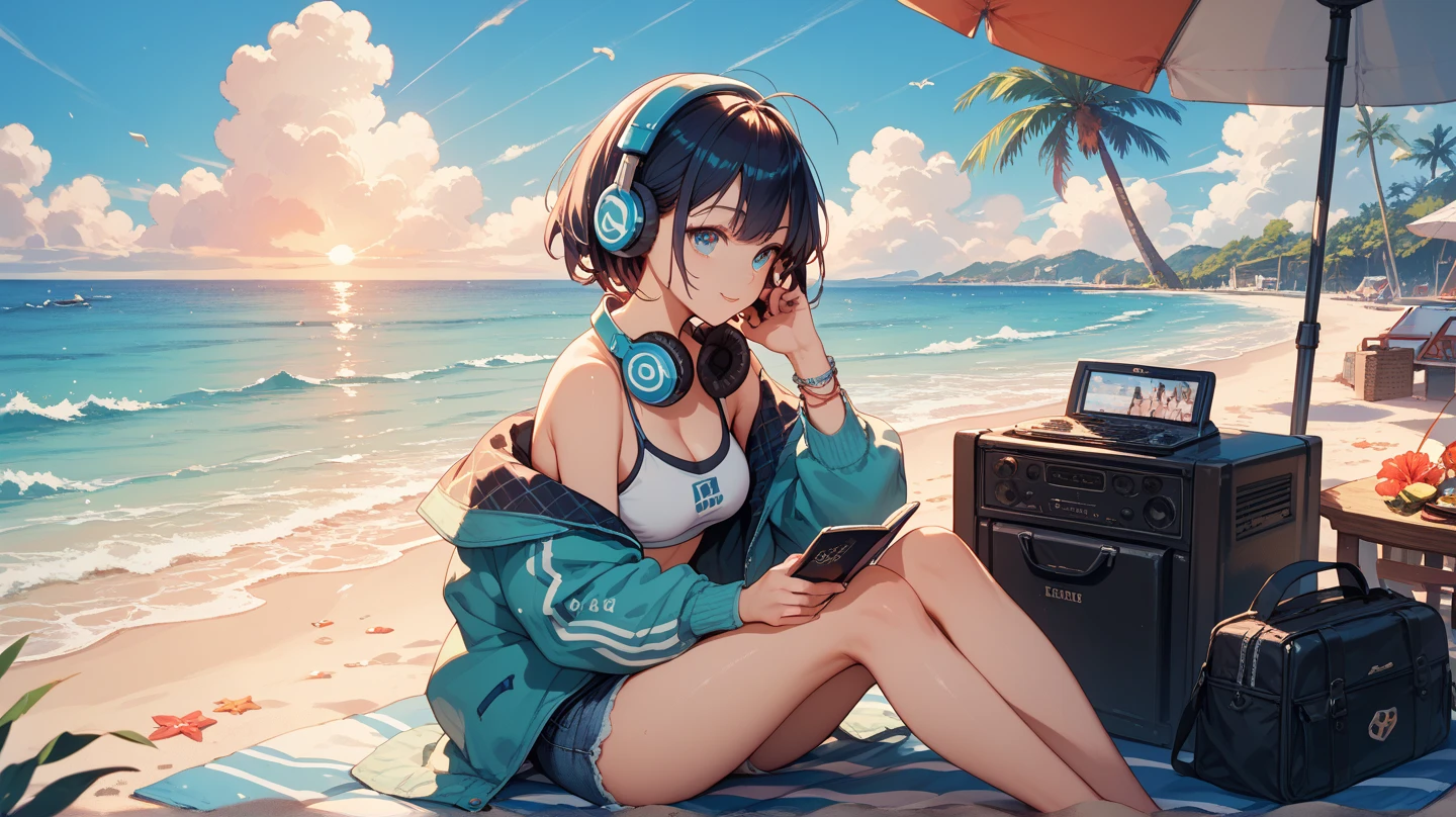8k realistic image of a beatiful 17 years old Korean girl on the beach, dressed in an elegant bikini with good body, while enjoying her favorite music through modern headphones. Despite the unconventional combination of her outfit, her confidence and innate style make her look perfectly comfortable in this setting. With a book in her hands, displaying a serene concentration and an expression of pleasure. The sun shines down on her, highlighting her natural beauty and creating a halo of light that envelops her with an air of mystery and charm.