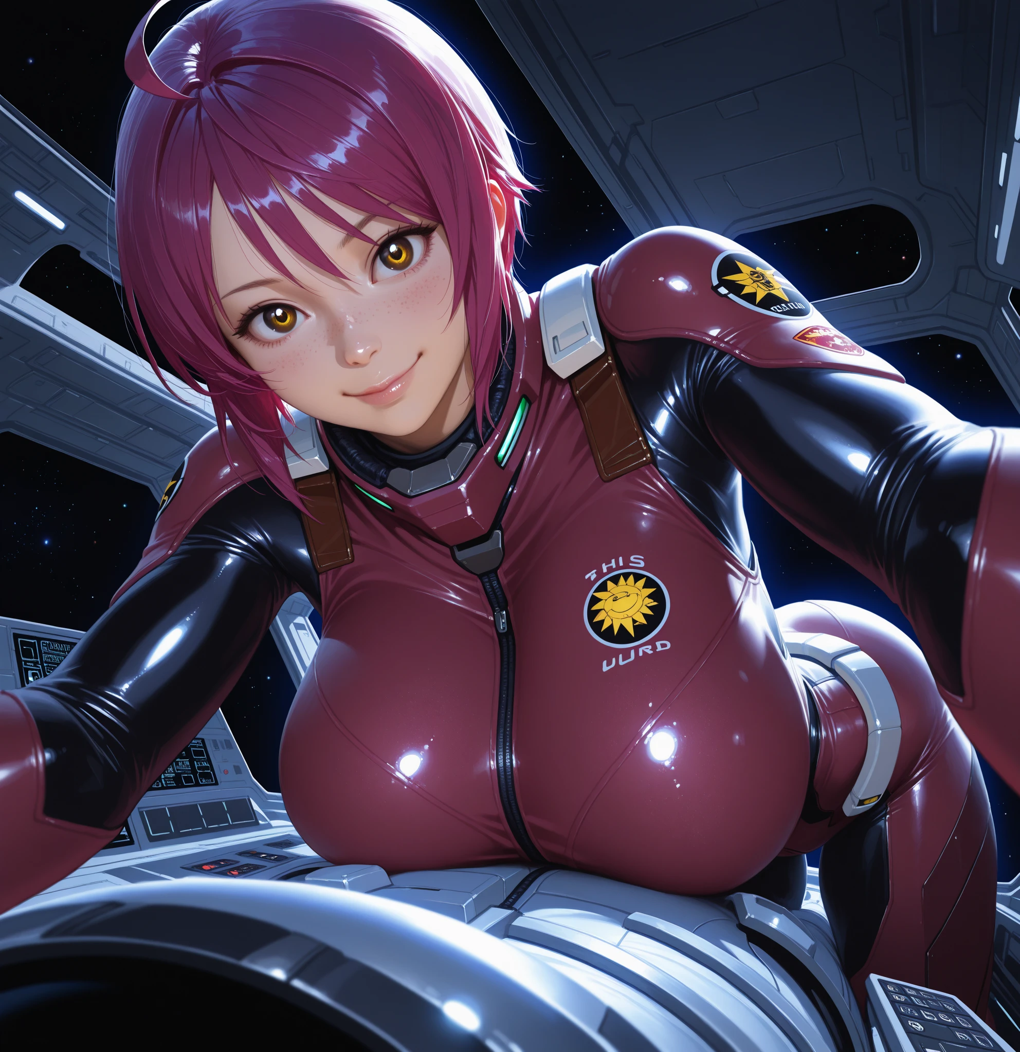 masterpiece, (photorealistic:1.4), best quality, beautiful lighting, 1girl, bangs, RAW photo, 8k uhd, film grain, black background, (klan klein:1), bodysuit, <lora:Klan_klein_Pilot_suitV1_1:1.2>