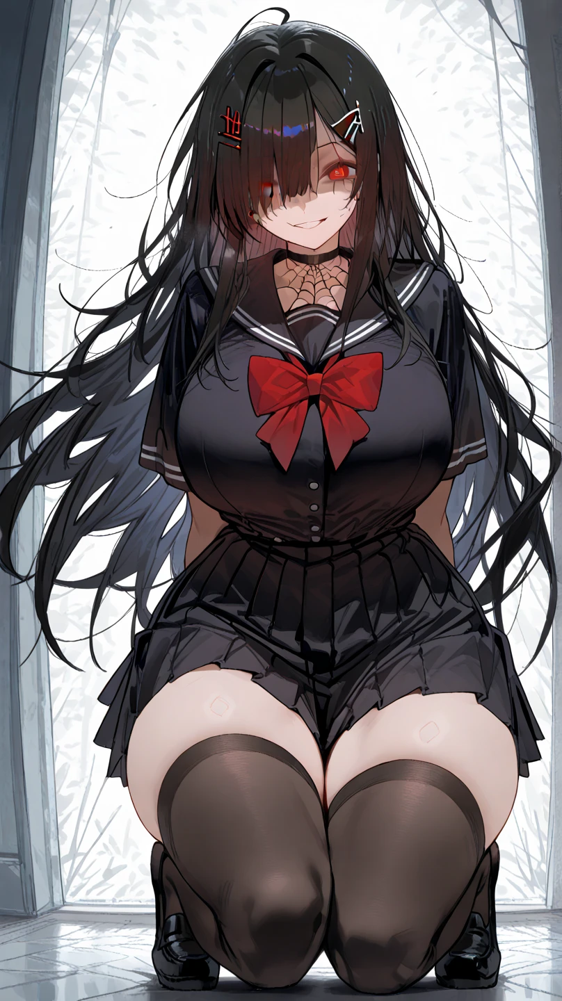 realistic 8k, top-quality, nsfw, 1woman, solo, black hair, navel, (sailor uniform), red tie, (navy blue pleated Skirt), ((white pantie)), long sleeves, ((huge breasts)), (cleavage), lift skirt, pantie shot, blush, from below,