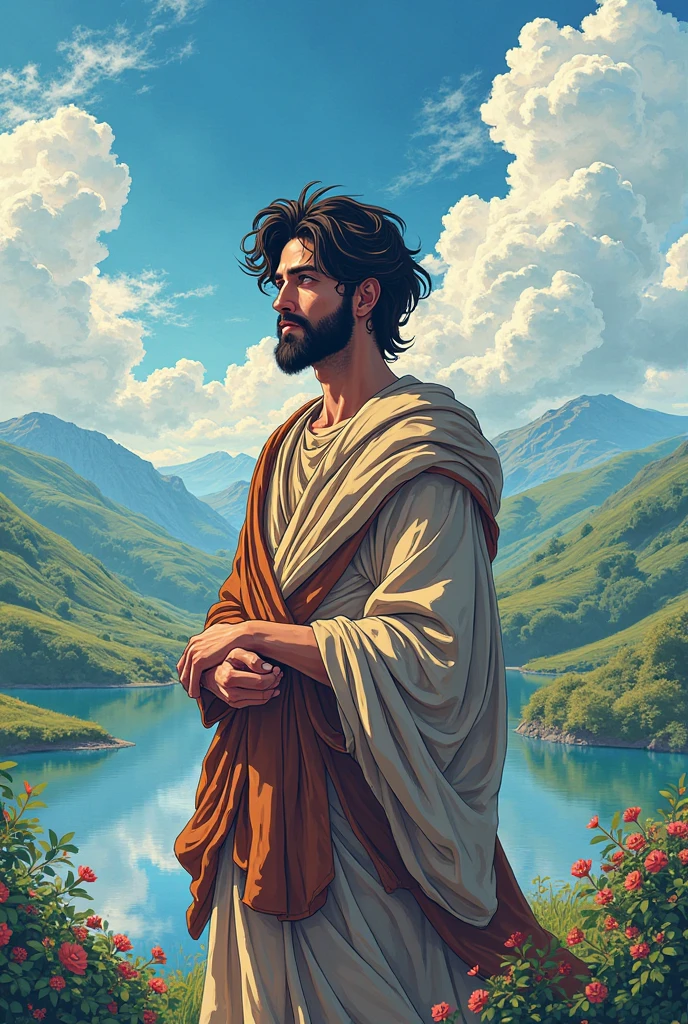 “ A male stoic philosopher with a well-proportioned and attractive physique, not excessively muscular. He is wearing classic tunics, slightly transparent, that gently drape over his body, subtly revealing parts of his shoulder, with a very short and well-groomed beard, and wavy, well-stylised hair. He is in a reflective pose, possibly looking at a mirror or a symbol of self-awareness, contemplating the challenging realities of his life with a serious yet calm expression. The scene is set in a vibrant, impressionist landscape with rich colors and dynamic brushstrokes, creating a sense of movement and emotion. The background has a subtle texture that adds depth but complements the text without overpowering it.”