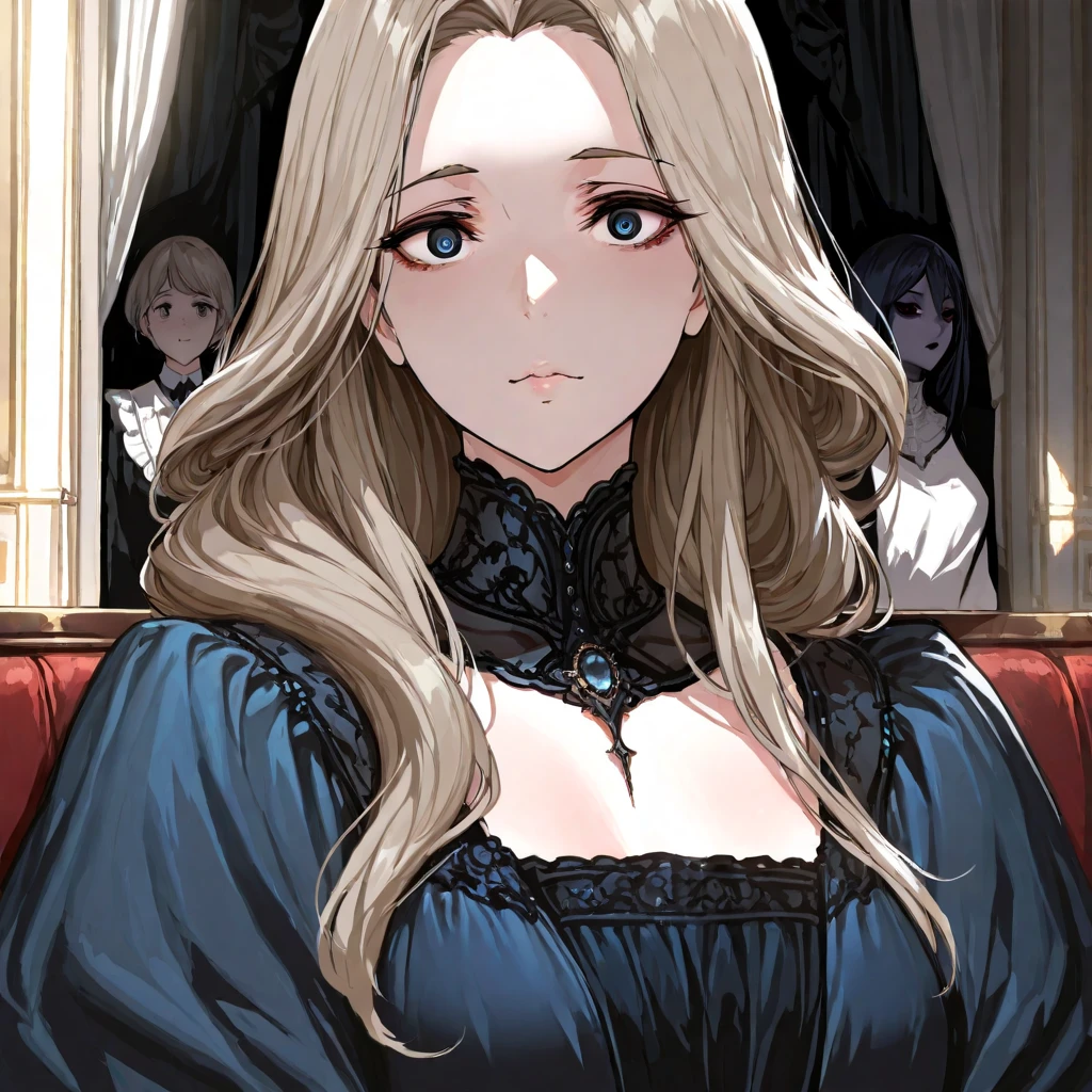 1 woman, solo, ( masterpiece, best quality: 1.2), ((upper body portrait)), panorama, gray hair, long curly hair, big breasts, red lips, 8k, light blue long dress, looking at you, fine eyes, modern living room, sitting on sofa, tears, tears, sad expression, sad expression, frowning, HDR, super high resolution, perfect face, night, minimalist style living room, super fine quality, master painting, 24K