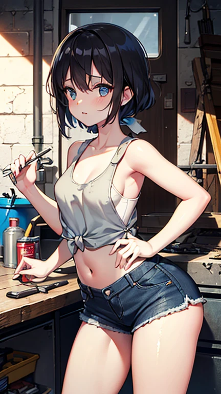 (8K、Highest image quality、highest quality、masterpiece)、detailed face、((1 baby girl))、mesugaki、blue green髪、long hair hair、twintails、blunt bangs、blue green目、evil smile、((grin))、steam、((small breasts))、((white camisole))、((denim short shorts))、standing footjob、POV、((1boy))、((penis))、Gym storeroom、((nsfw))