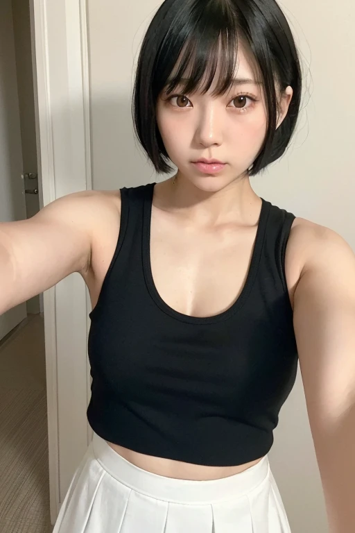 (High resolution:1.3), (16k, Photorealistic, Raw photo, Best image quality: 1.4), Japanese, (One Girl), Beautiful Face, (A vivid face), (Black-haired、short hair:1.3), Beautiful Hairstyles, Realistic eyes, Beautifully detailed eyes, (Realistic Skin), Beautiful skins, attractive, 超A high resolution, Surreal, High detail, Golden Ratio, Highly detailed cute girl,(20-year-old), ((Upper body selfie, Happy))