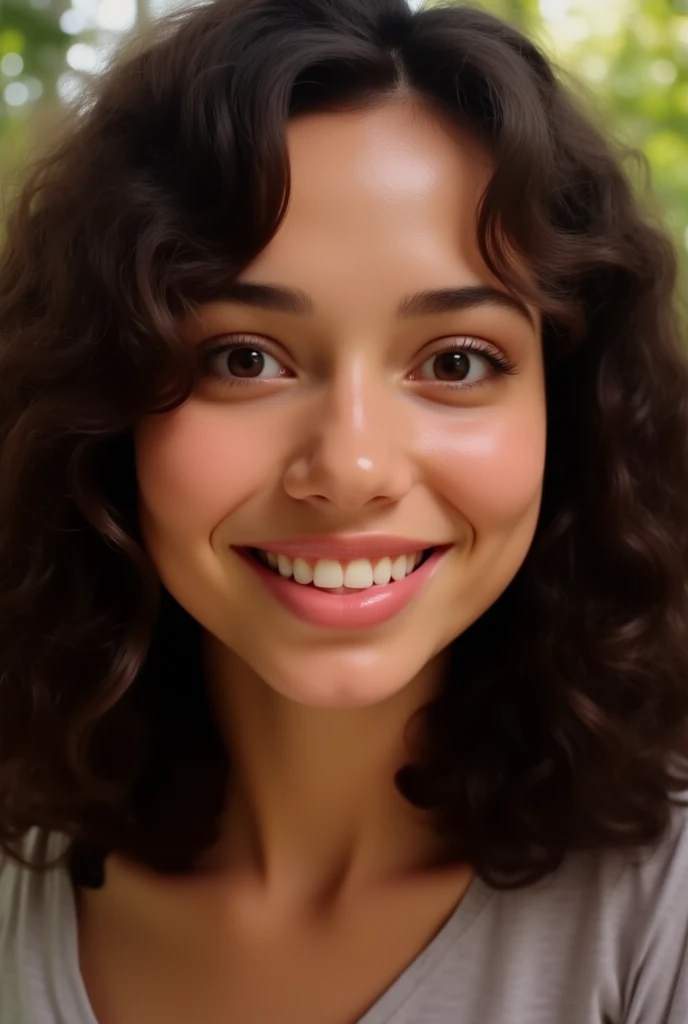 There is a girl with curly hair smiling and wearing a pink shirt, dentes dianteiros grandes, she is smiling and excited, grande sorriso em seu rosto, dentes redondos e rosto pateta, she is smiling and happy, Poarch bonito, sorriso muito grande, happily smiling at the camera, pequeno sorriso largo, dentes tortos, foto de perfil, foto do snapchat, sorriso inquietante