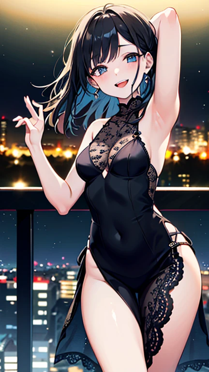 A girl stands on the rooftop of a high-rise building overlooking the late-night Tokyo nightscape.、She has a short bob with a white lob of hair and wears a large black witch hat with sapphire jewelry.、A high school student wearing a navy blue swimsuit、She wears a large witch's hat with a small sapphire accessory、A few star creams、Beautiful starry sky、Beautiful night view、large witch's hat 、Small breasts、Small breasts、She is wearing a long black coat with the front open.、Illuminated roof terrace、