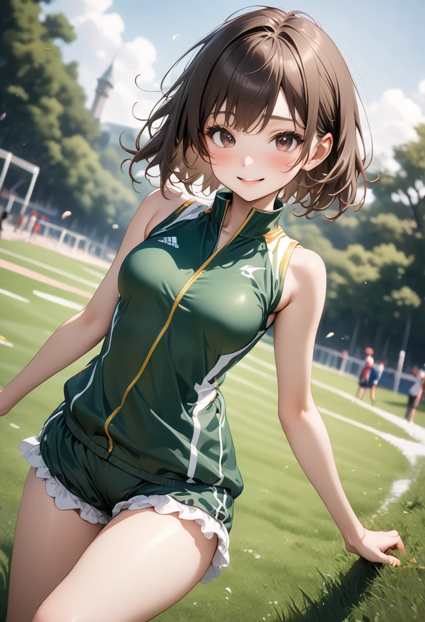 track and field athlete、athletics stadium, Beautiful anime girl squatting, anime girl squatting, thick, seductive anime girl, makoto shinka, hug her knees, tits, Kantai Collection Style, thighs!!!, marin kitagawa fanart, Ilya Kuvshinov. 4k、less exposure