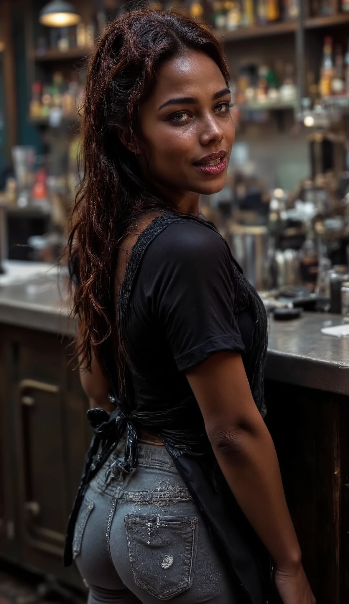 A woman, light-medium brown complexion, young and sexy adult, is positioned slightly to the left of center in a bar setting. She is wearing a black short-sleeved top transparent on the back. She also wears light more ripped gray jeans and a dark apron. She has straight, dark hair pulled back. Her expression is friendly. She has a slender build. She has a wide hips and a bigger butt. The woman is at a bar, working, possibly making drinks or coffee. The background shows stainless steel bar equipment, glass and liquor bottles behind her. The lighting is bright and neutral, typical of an indoor commercial setting. The perspective is at a slightly angled height, looking down. The composition is fairly centered, with the focus on the woman's mid-section and upper body. The overall atmosphere is professional and brisk. The image conveys a woman position.