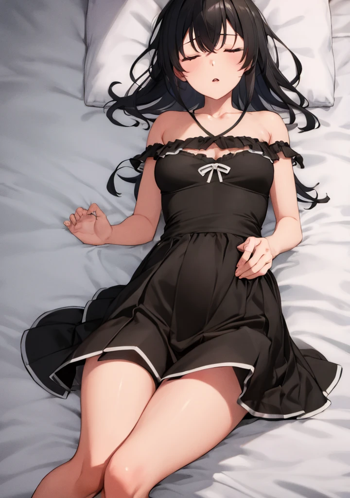 ((((absurdres, RAW photo, extremely delicate and beautiful, masterpiece, Best Quality, ultra high resolution, 32k, hyperrealistic, realistic, photorealistic, photo-realistic, ultra-detailed)))), in her 20s, very Slim body, narrow waist, very small head, very small face, delicate facial features, beautiful face, beautiful eyes, very huge round tits, medium hair, black hair, tearful mole, earring, ((full body shot)), ((school uniform)), sailor uniform, sleeveless, bed,