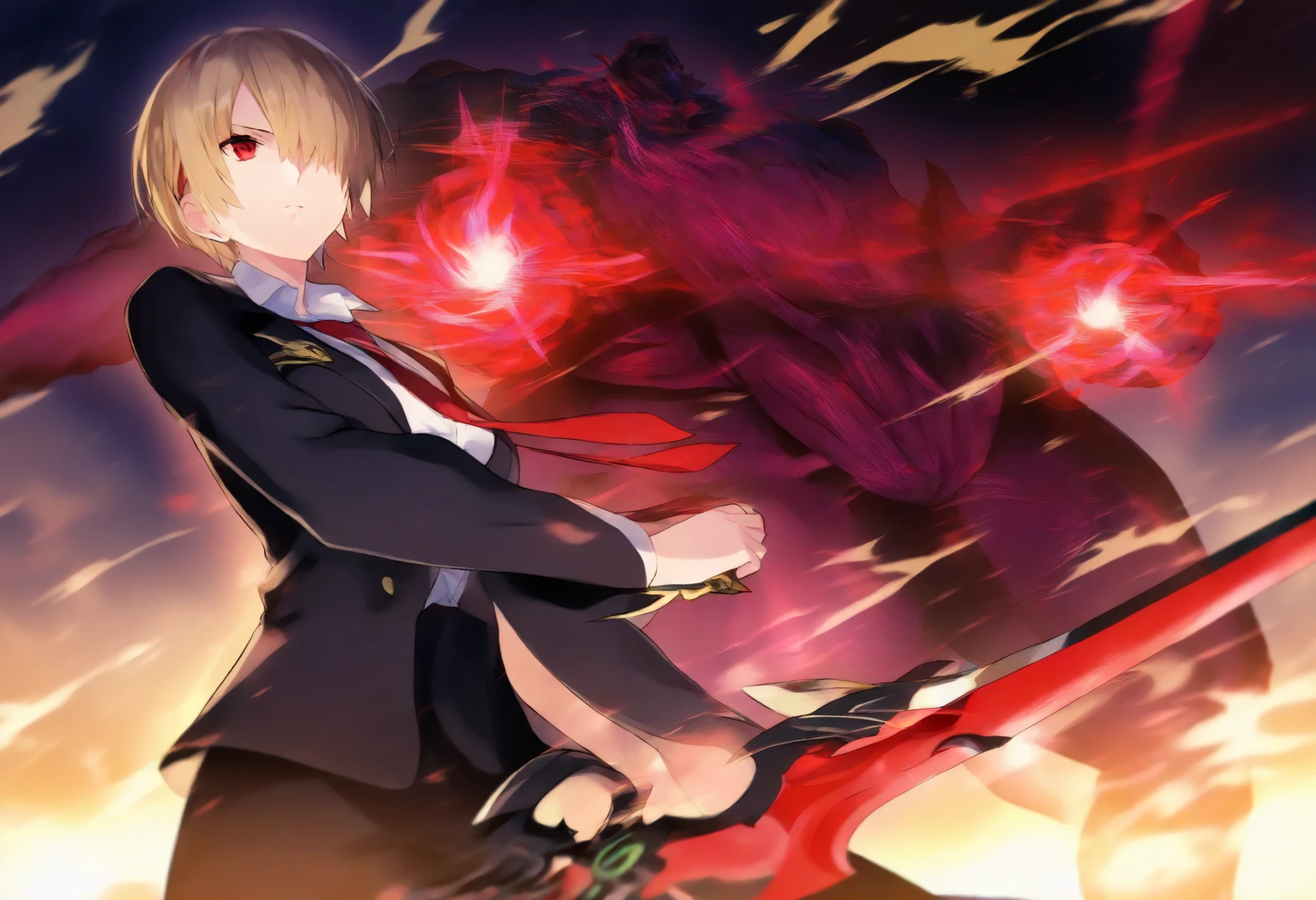 1 girl, 1monster, fights monsters, hand,  Gold, short hair, Hair on one eye, black suit, black jacket, jacket, black pants, white shirt, red tie, holding a sword, Open Lightning from the Sword